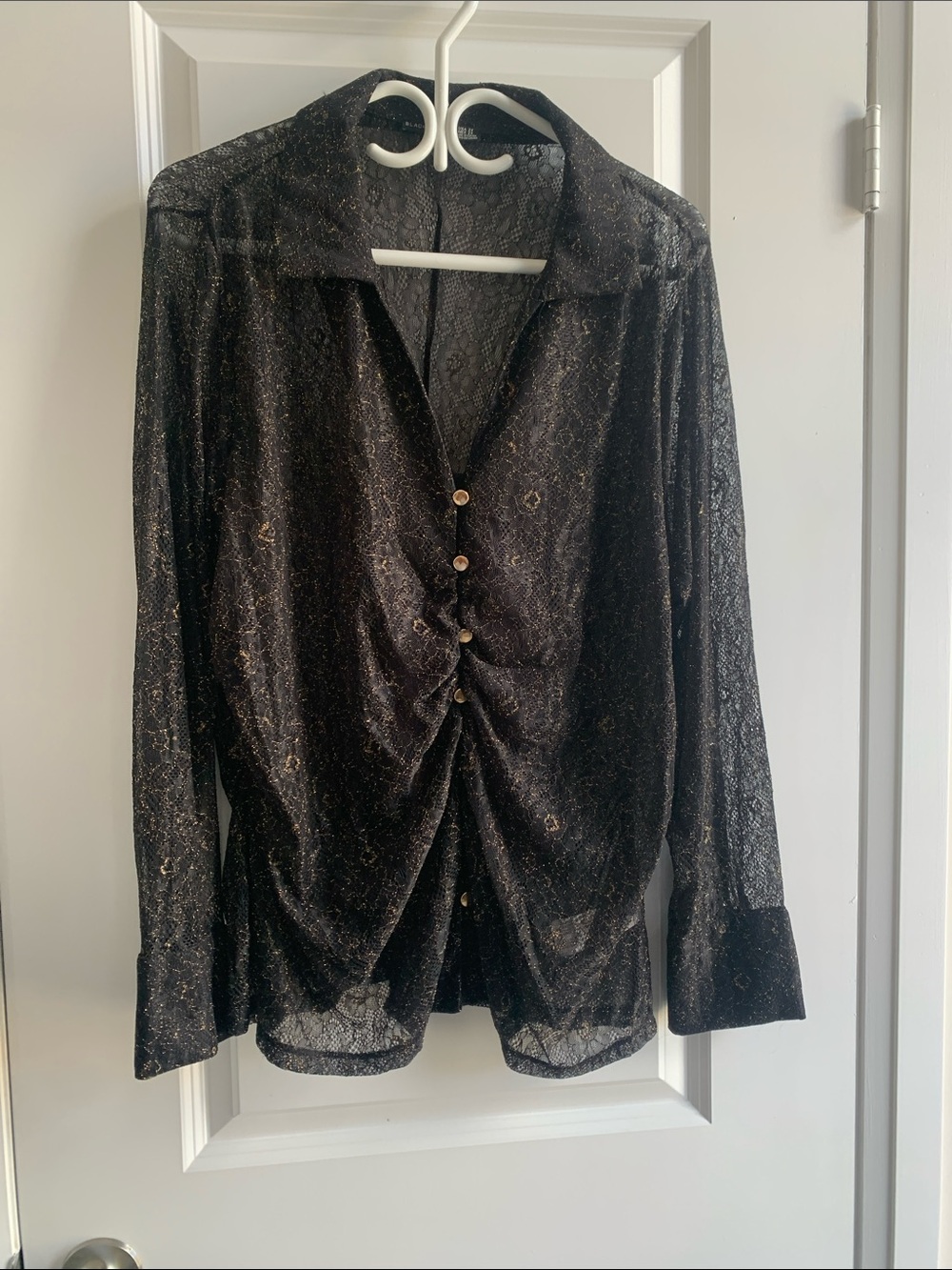 Women's Black Sheer Blouse w/Gold Metallic Button & Thread Detail